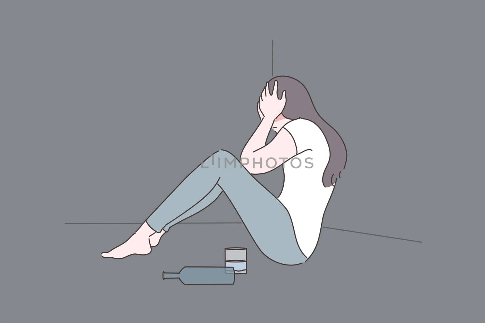 Female alcoholism, depression, addiction, mental stress concept. Depressed frustrated woman alcoholic cartoon character sits on floor with bottle of beverage. Loneliness and raising of mental stress.