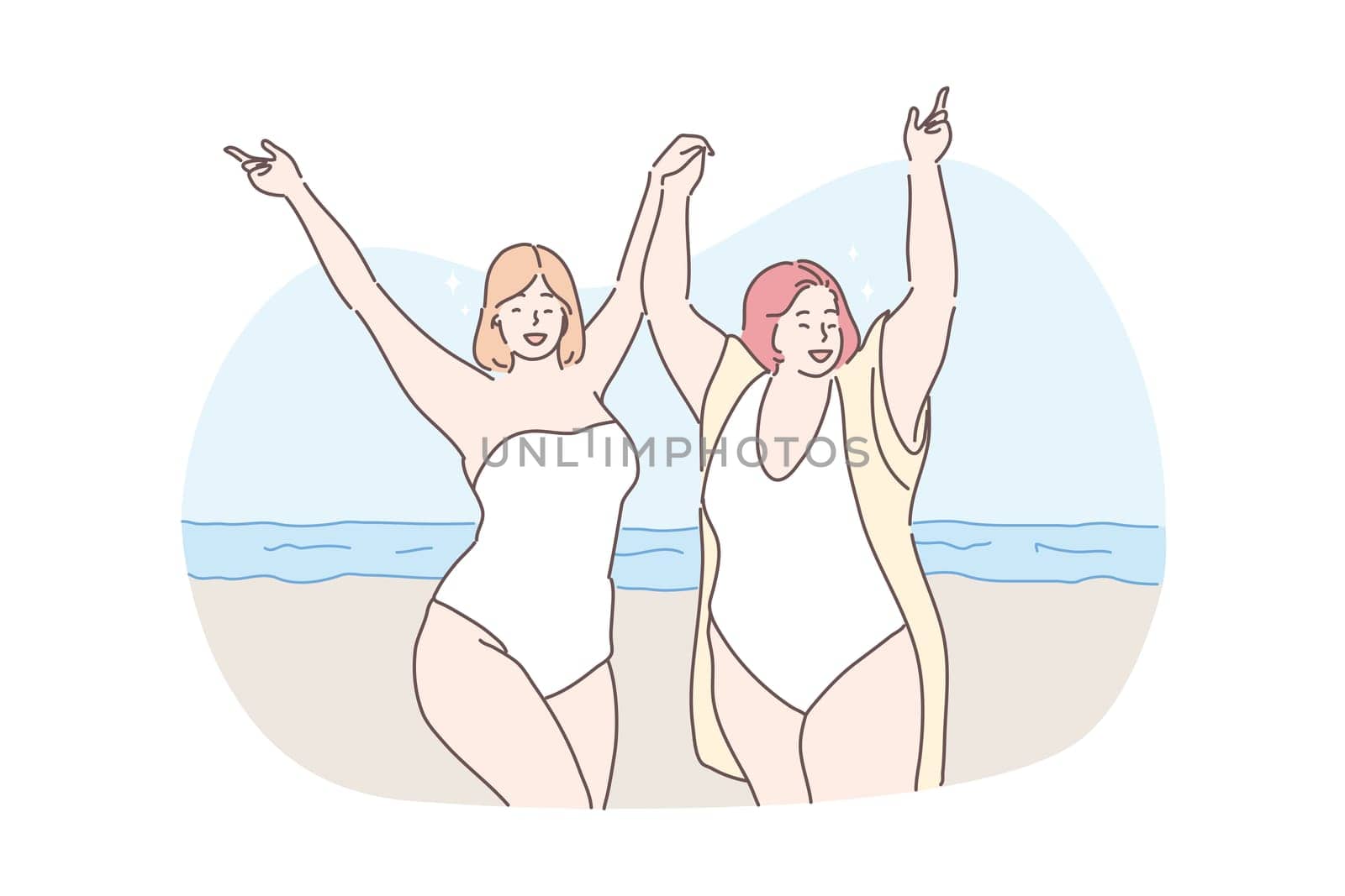 Body positive, vacation, travelling, holiday concept. Young happy obese thick women friends tourists on ocean beach holding hands together. Summer rest or recreation on sea coast and active lifestyle.