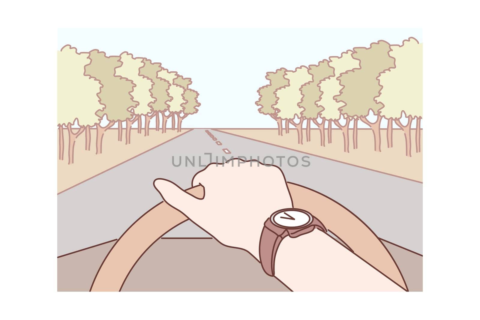 Travelling, road, tourism concept. Human traveller tourist rider cartoon character driving car vehicle moving on highway. Vacation weekend trip and holiday adventure with active lifestyle illustration