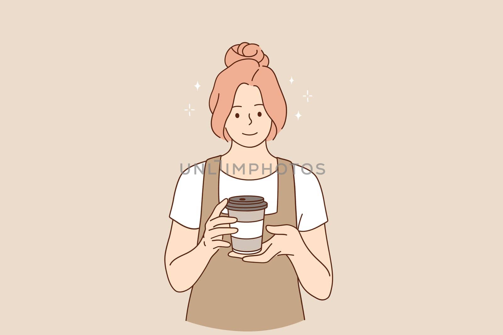 Coffeeshop and cafeteria concept. Young smiling woman barista cartoon character working at cafeteria standing and smiling holding coffee for clients vector illustration