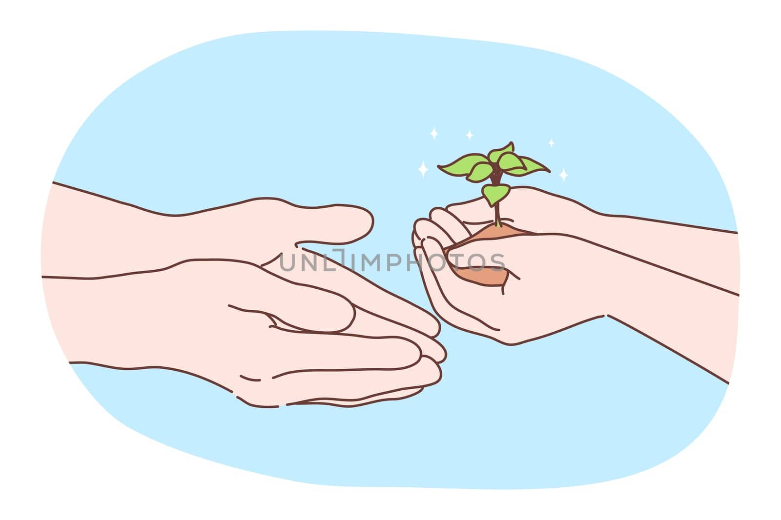Ecology, environment, biology charity, earth day concept. Human character hands holding and passing sapling or plant. Nature protection and bilogical enviromental friendly care or new life symbol.