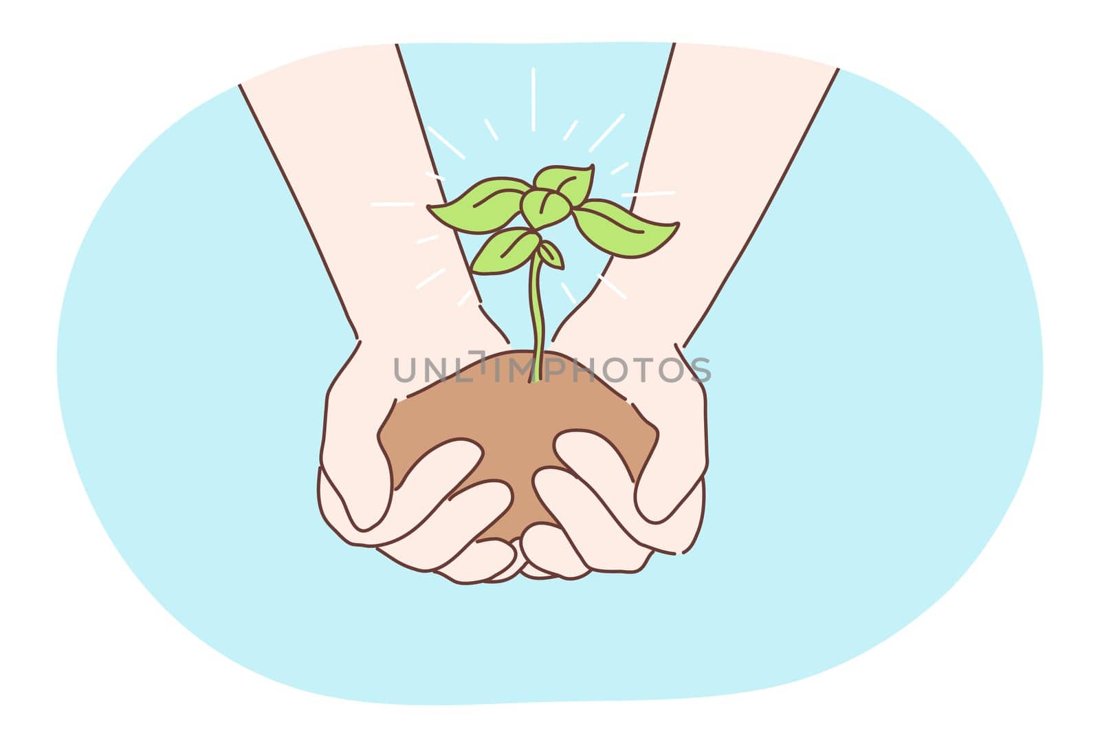 Ecology, charity, environment, earth day concept. Human character hands holding growing sapling or plant. Nature protection and bilogical enviromental friendly care or new life symbol illustration.
