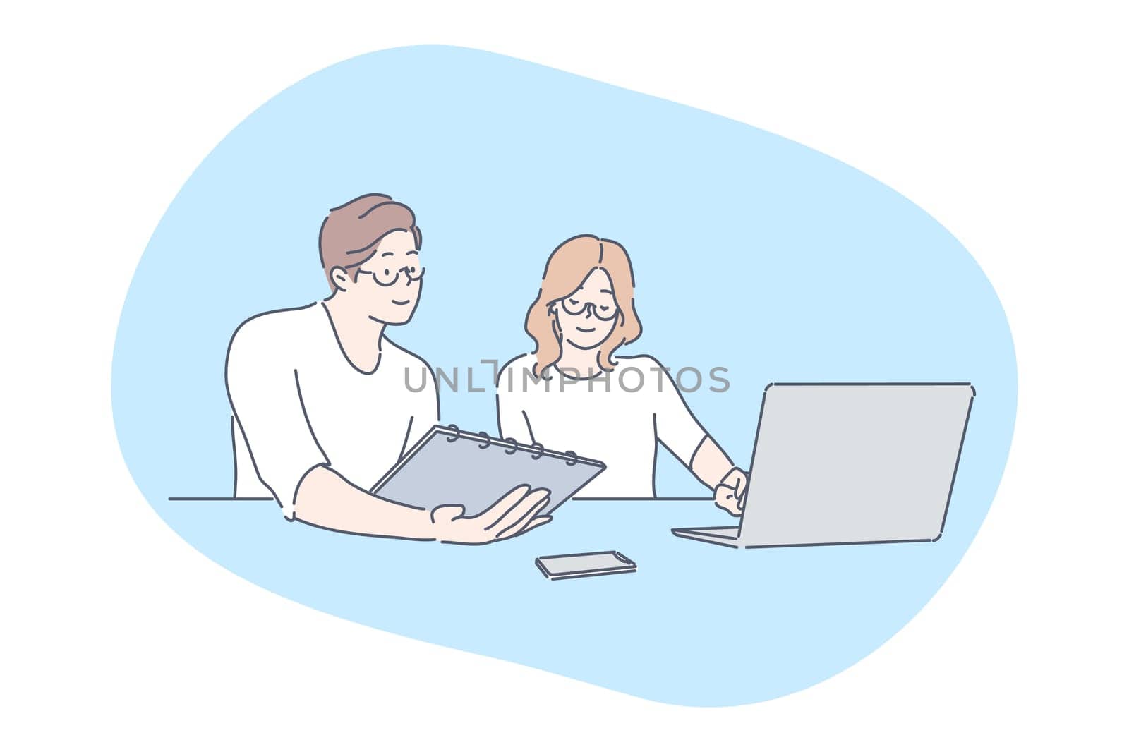 Teamwork, analysis, partnership, discussion, meeting, business concept. Team of young businesspeople colleagues coworkers partners working together. Brainstorming project assistance illustration.