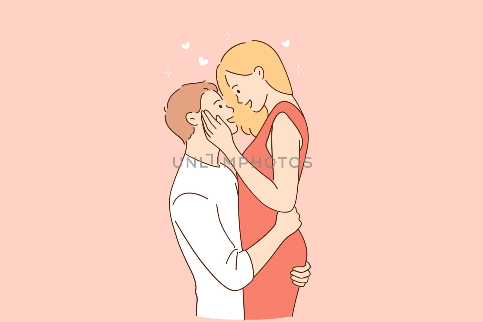 Love, couple, relations dating concept. Man hugging beloved woman while standing on natural landscape outdoors vector illustration