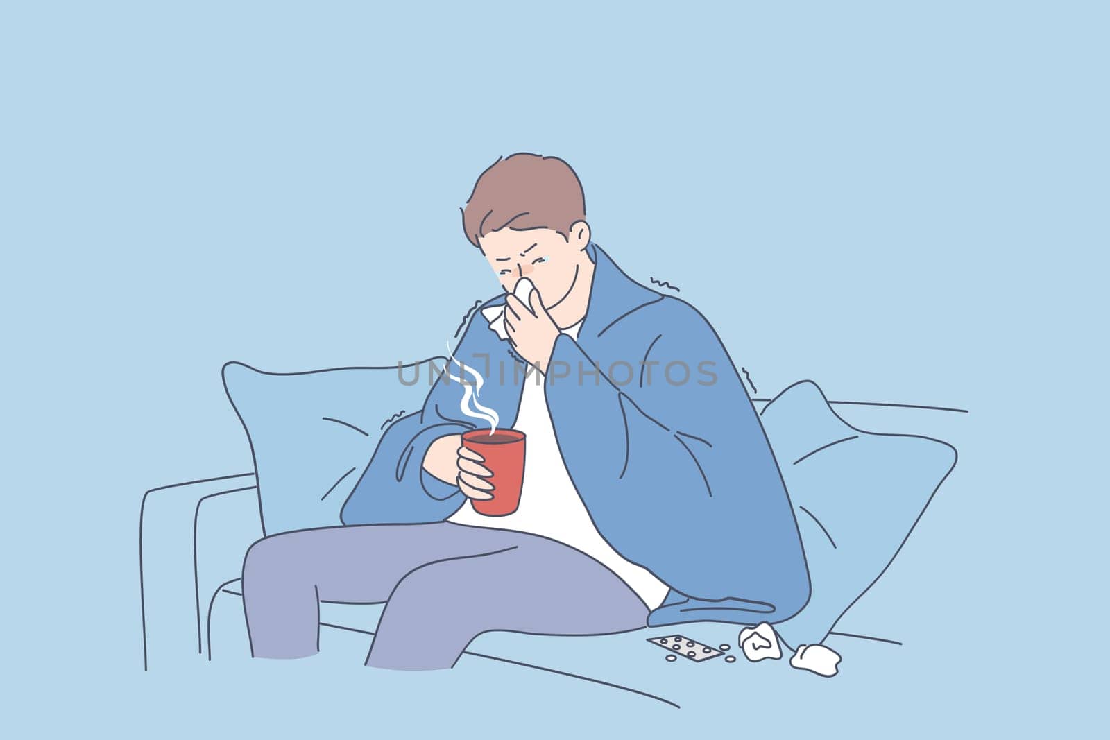 Flu, fever, infection concept. Sad man cartoon character sitting on sofa in warm blanket with hot drink and feeling ill sick and flu sneezing vector illustration