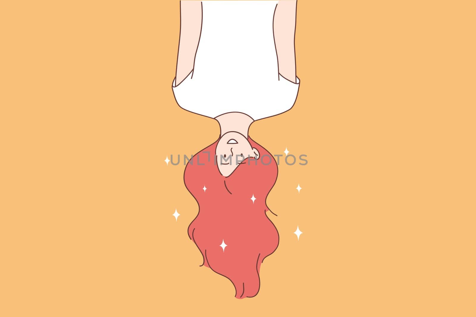 Cheerful and positive emotions concept. Beautiful red haired young woman cartoon character hanging upside down with hair down over yellow background vector illustration