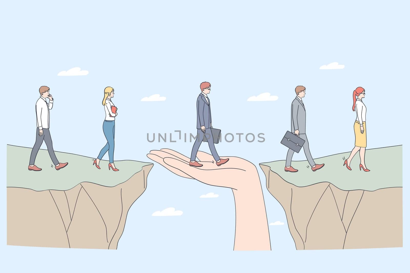 Protection and partnership concept. Human hand helping business people to step from one side to another supporting as help service assistance with insurance care vector illustration