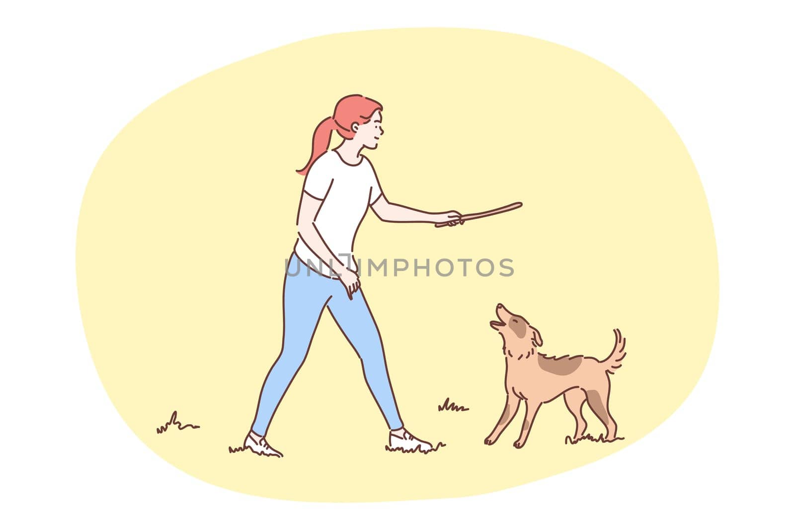 Fun, recreation, playing, friendship, joy concept. Happy woman girl playing training with happy domestic animal friend on summer countryside throwing stick outside. Walking with pet illustration.