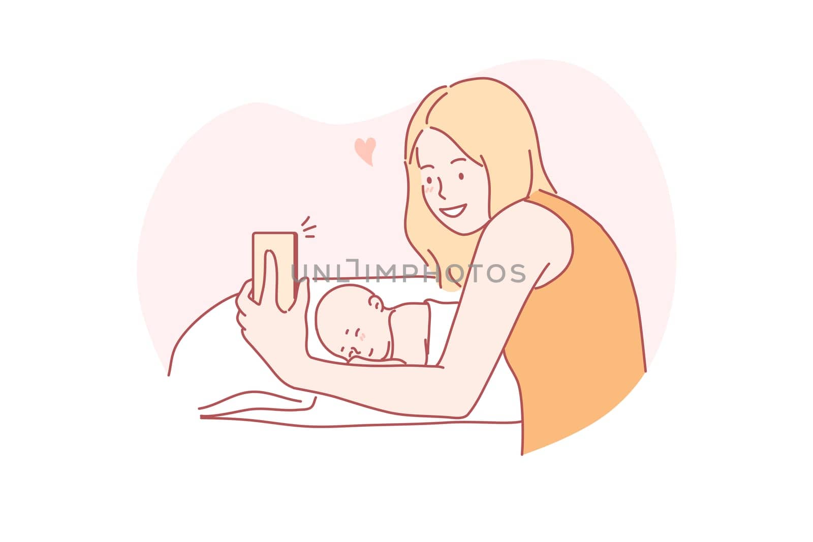 Selfie, motherhood, childhood, family concept. Young woman mother taking selfie with newborn baby sleeping in bed or video calling to father or relatives. New generation parenthood and mothers day.