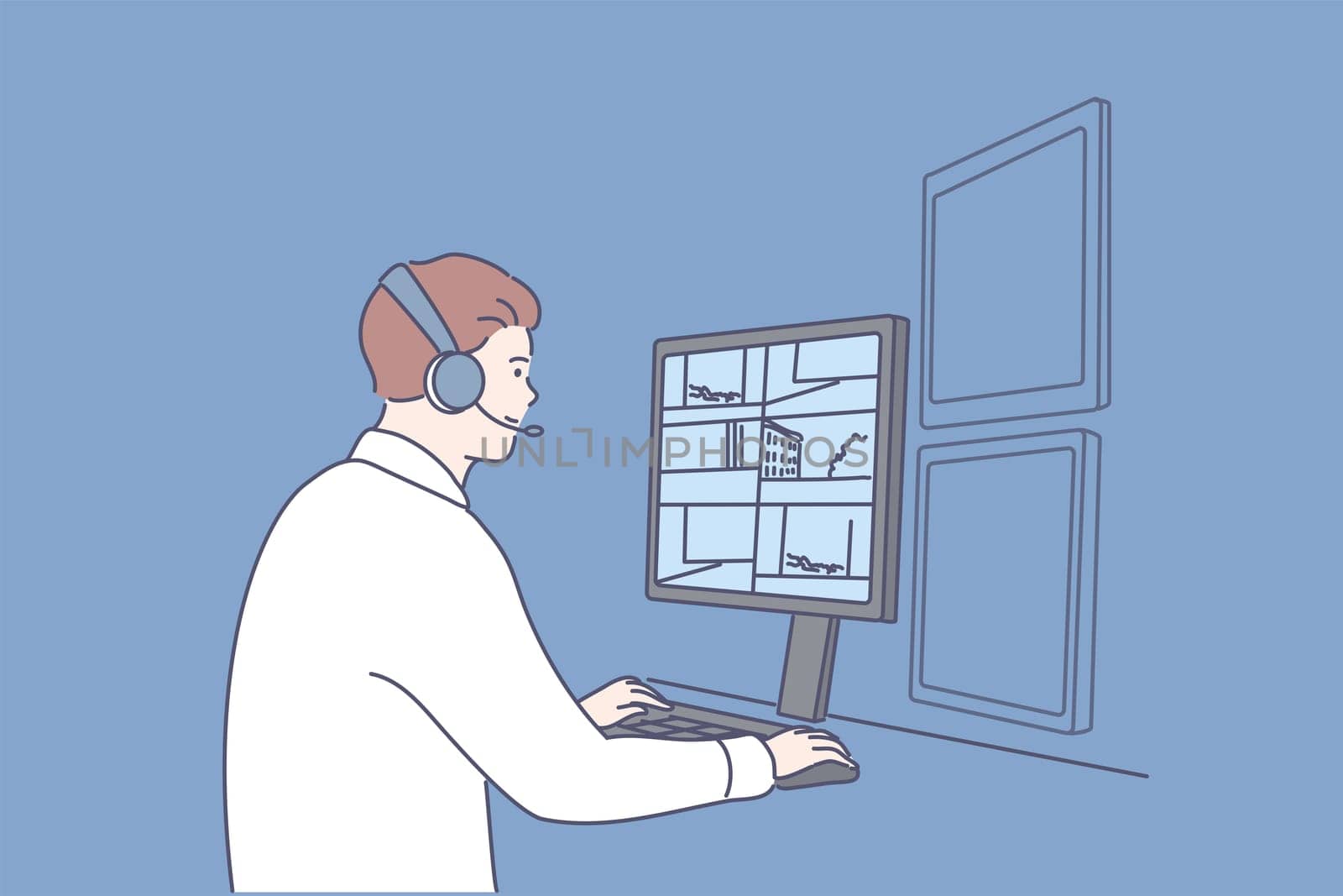 Security, surveillance, safety concept. Young man or boy safeguard operator cartoon character sitting at computer display and monitoring perimeter. Video observation and safety provision illustration.