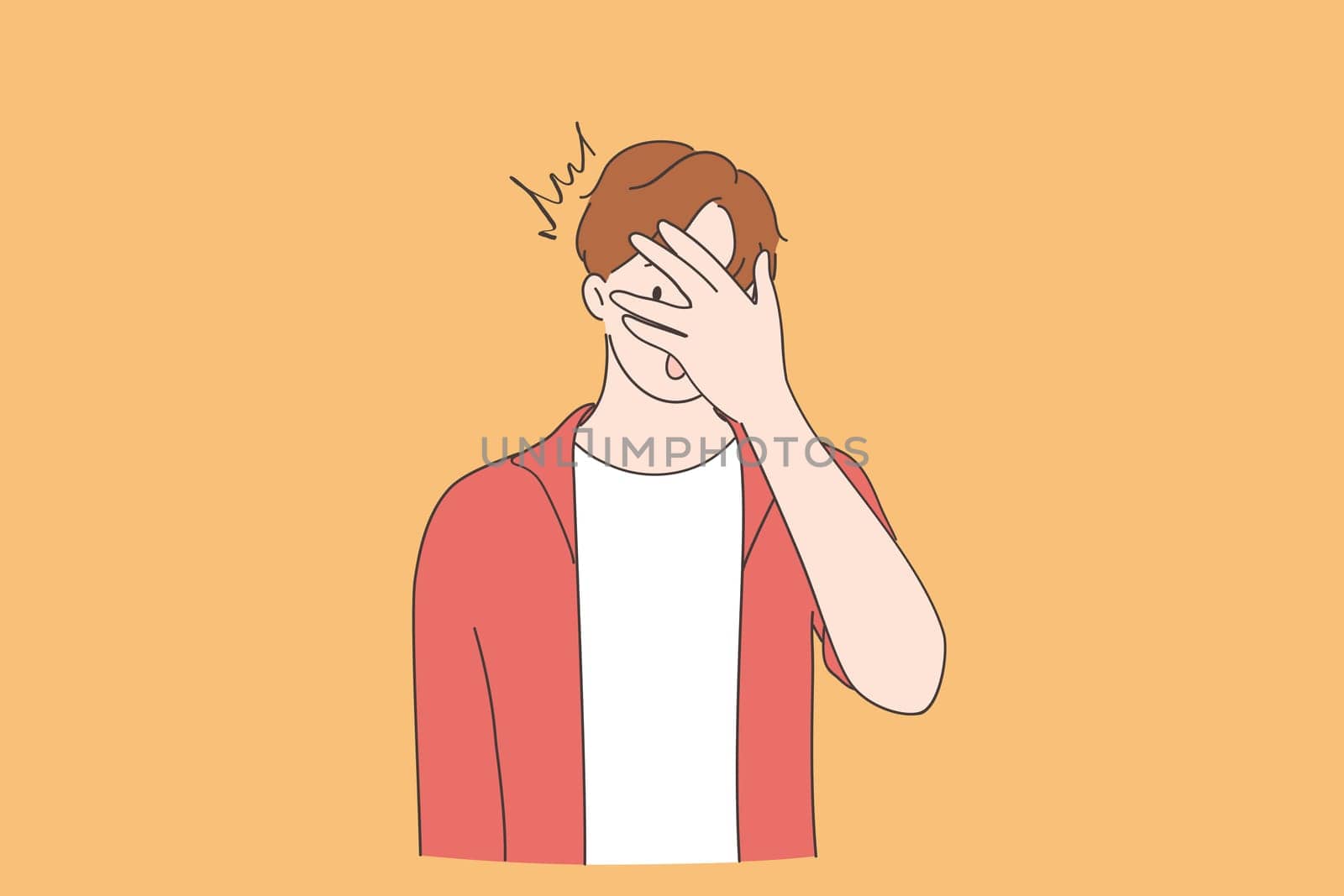 Shock, surprise, embarrassed emotion concept. Young man cartoon character wearing casual clothing peeking in shock covering face and eyes with hand, looking through fingers vector illustration