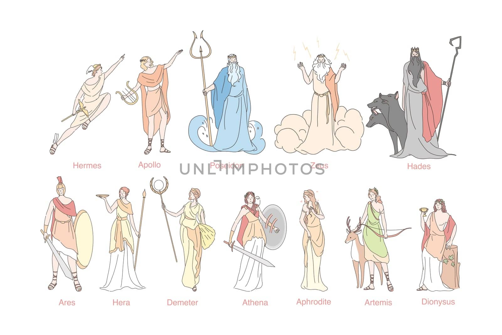 Ancient greek gods set concept. God pantheon in Greece Hermes, Apollo, Poseidon, Zeus, Hades, Ares, Hera, Demeter, Athena, Aphrodite, Artemis and Dionysus. Religious simple flat vector illustration.