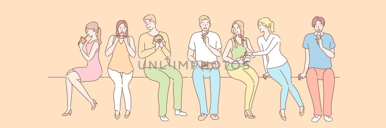 Students lunch time, fastfood set concept. Group of young people friends teenagers men women boys girls together communicate with lunch burger meatball ice cream, drink. Leisure time student lifestyle