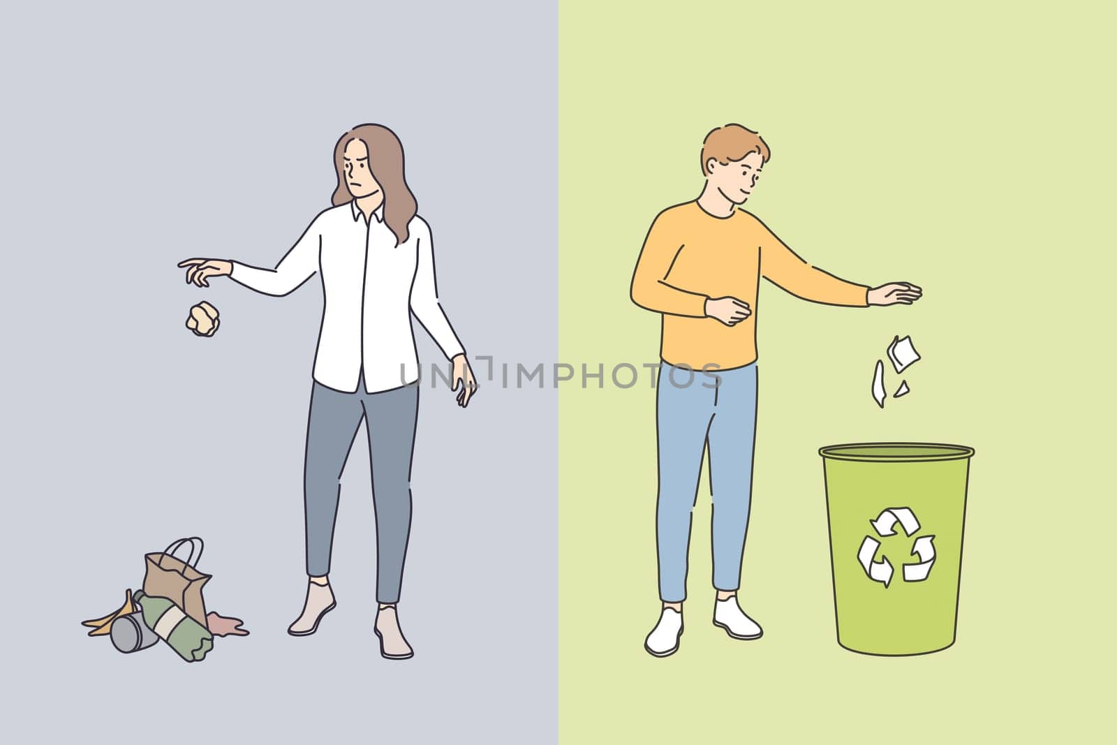 Littering behaviour and sustainable lifestyle concept. Infographic examples of correct and wrong examples of throwing out garbage to trash and grass vector illustration