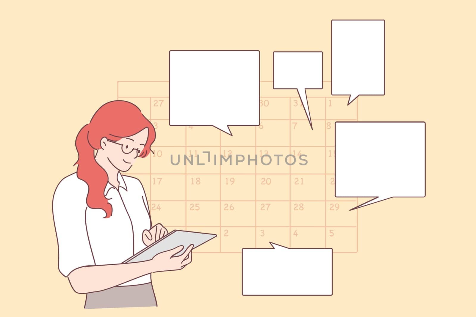 Time management, schedule, planning concept. Young positive businesswoman planning day scheduling appointment in calendar, sending messages, adding event, putting reminders in tablet