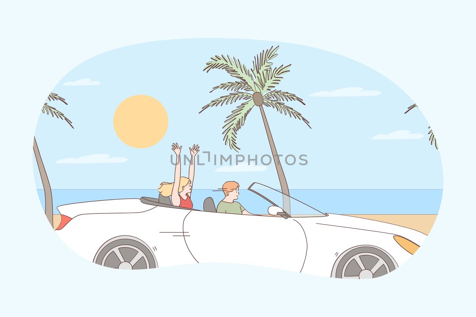 Driving during vacations concept. Young happy couple cartoon characters sitting in car and driving along seaside in summer during traveling journey vector illustration