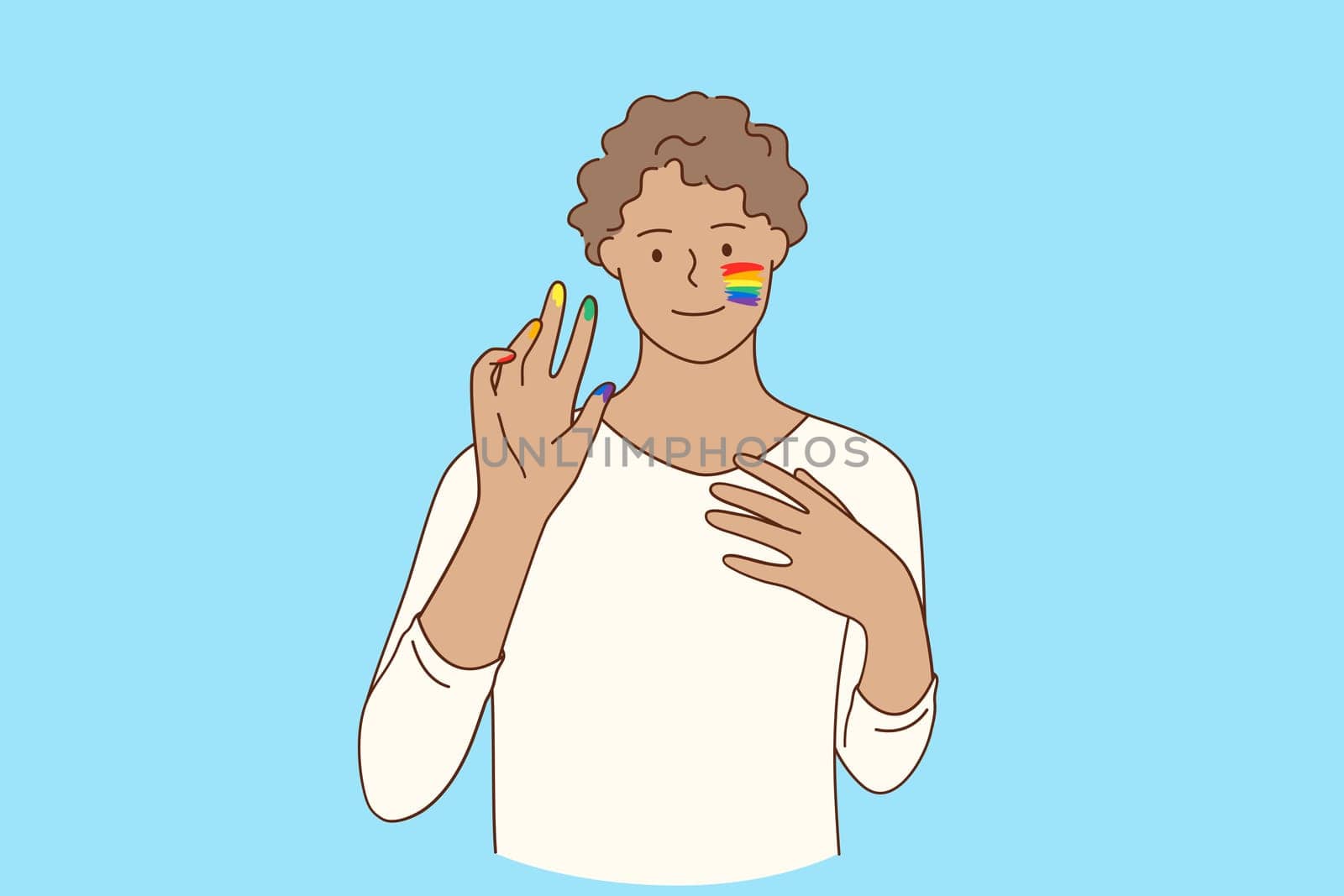 Sexual minorities and equal rights concept. Young smiling man with LGBT flag painted on his cheek and fingers meaning equality and freedom of choice vector illustration