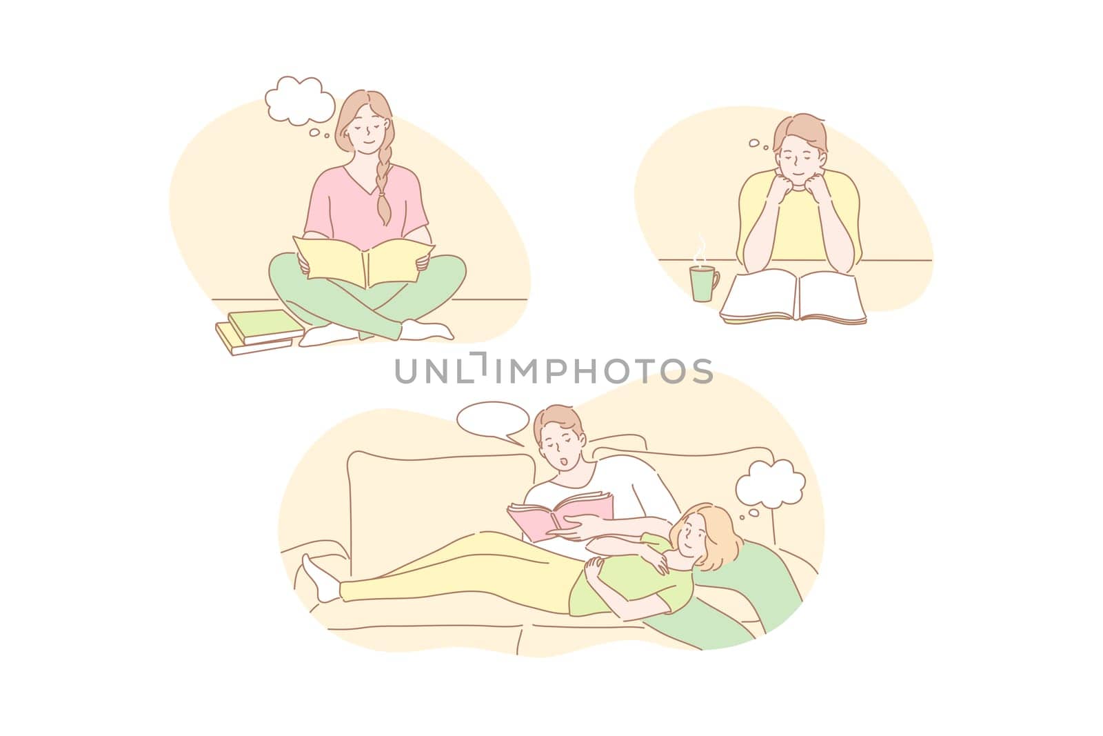 Reading books, study, learning, education set concept. Collection of young man, woman, happy couple in love reading books, study, learning at home. Lifestyle, getting knowledge, educational process.