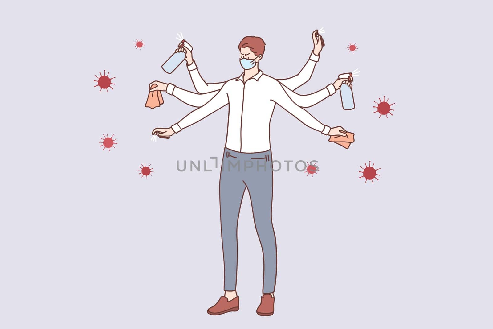 Protection from Coronavirus COVID-19 infection concept. Young businessman in medical face mask with multiple hands washing, sanitising hands and cleaning surfaces to protect from coronavirus