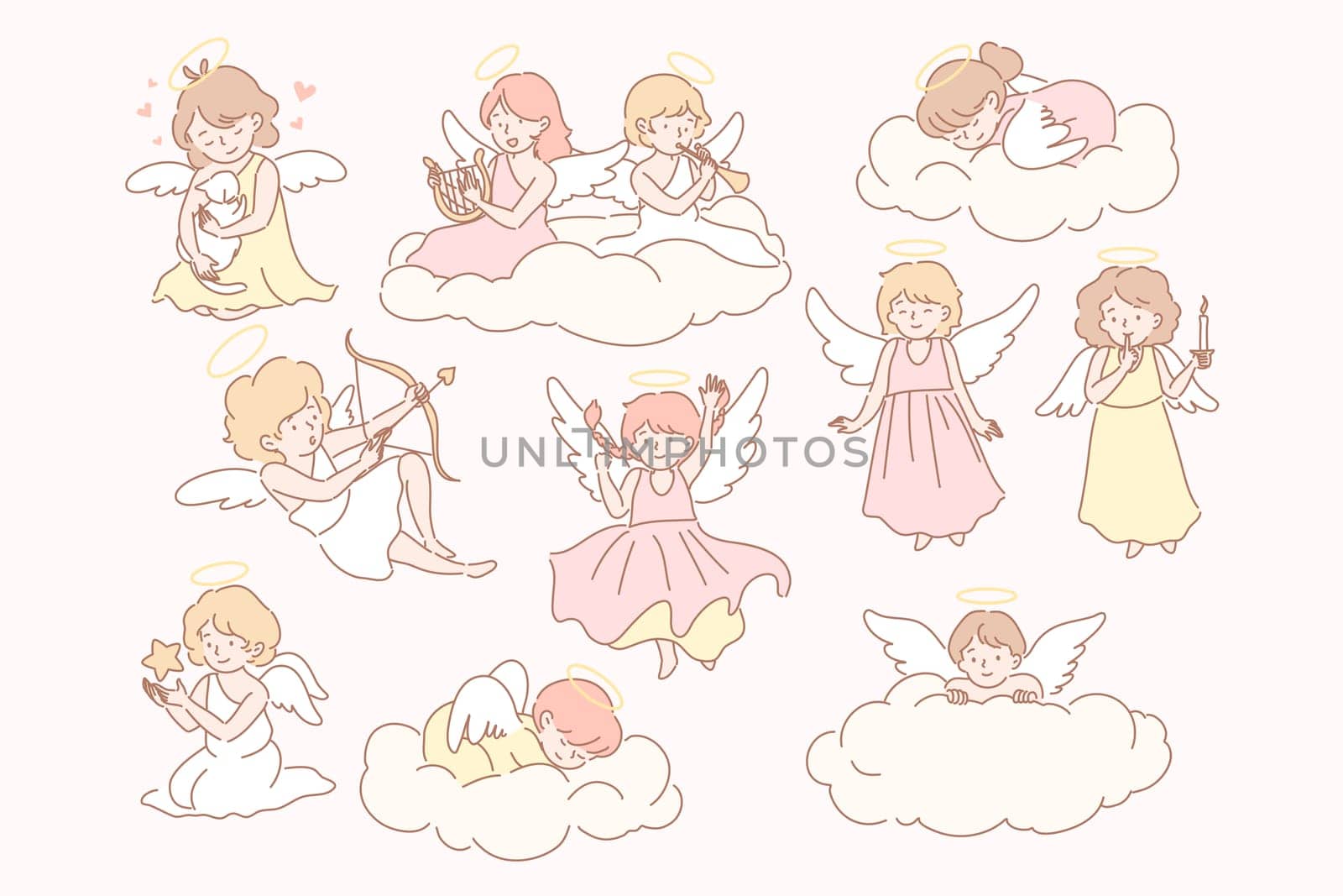 Set of baby angels cupidon concept. Group of little baby, kids with wings on clouds. Collection of happy childs angels with trumpet, bow, arrow, harp, trumpet, star. Valentines day. Simple flat vector