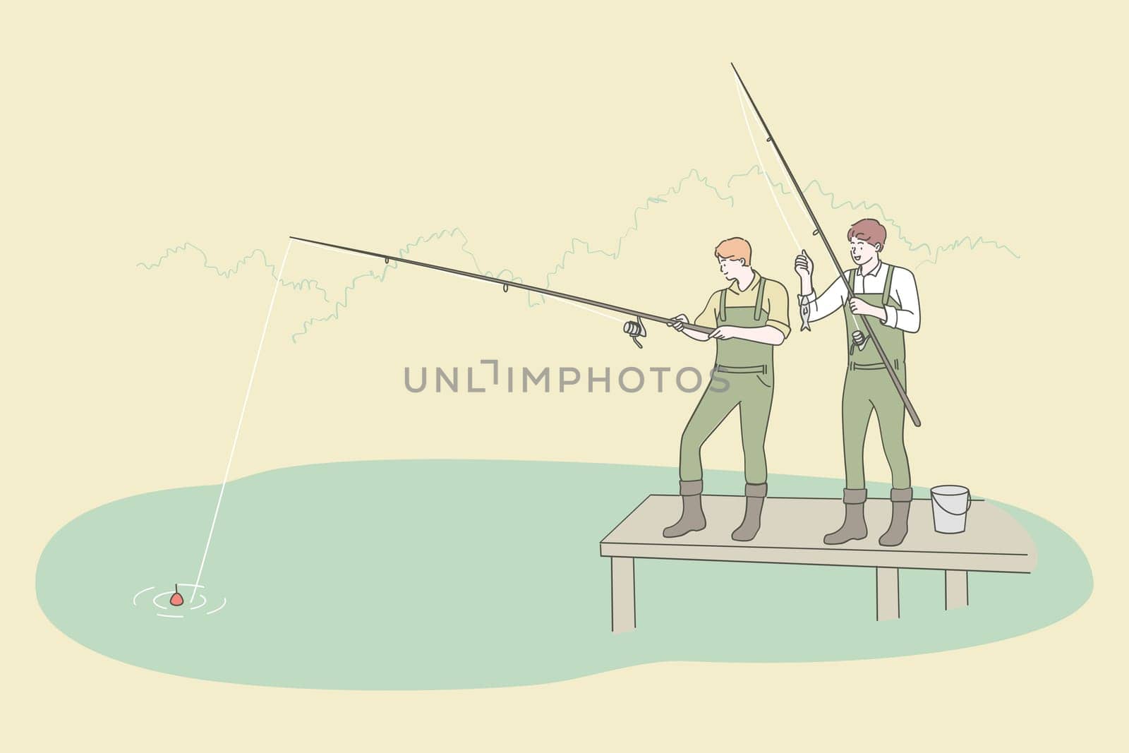 Fishing and recreation sport leisure concept. Two young men friends in boots cartoon characters fishing at river bank together vector illustration. Outdoor summer recreation