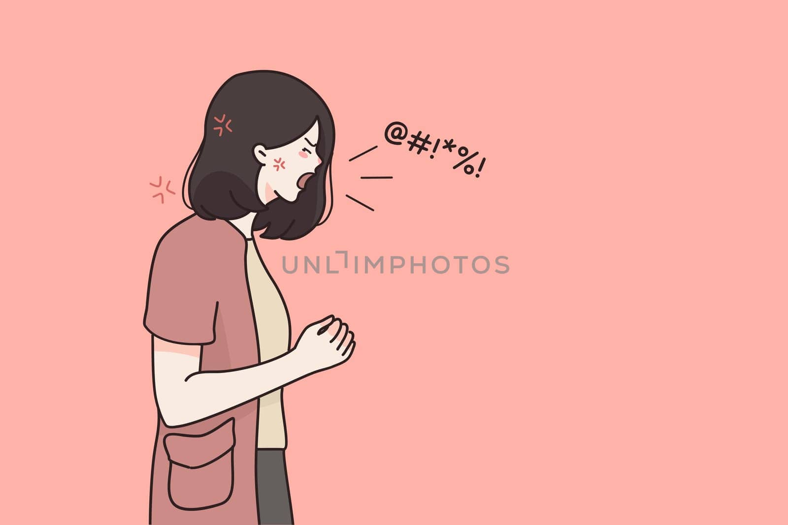 Rage, hate, aggression concept. Screaming crying emotional angry woman cartoon character standing and shouting with negative emotions over pink background vector illustration