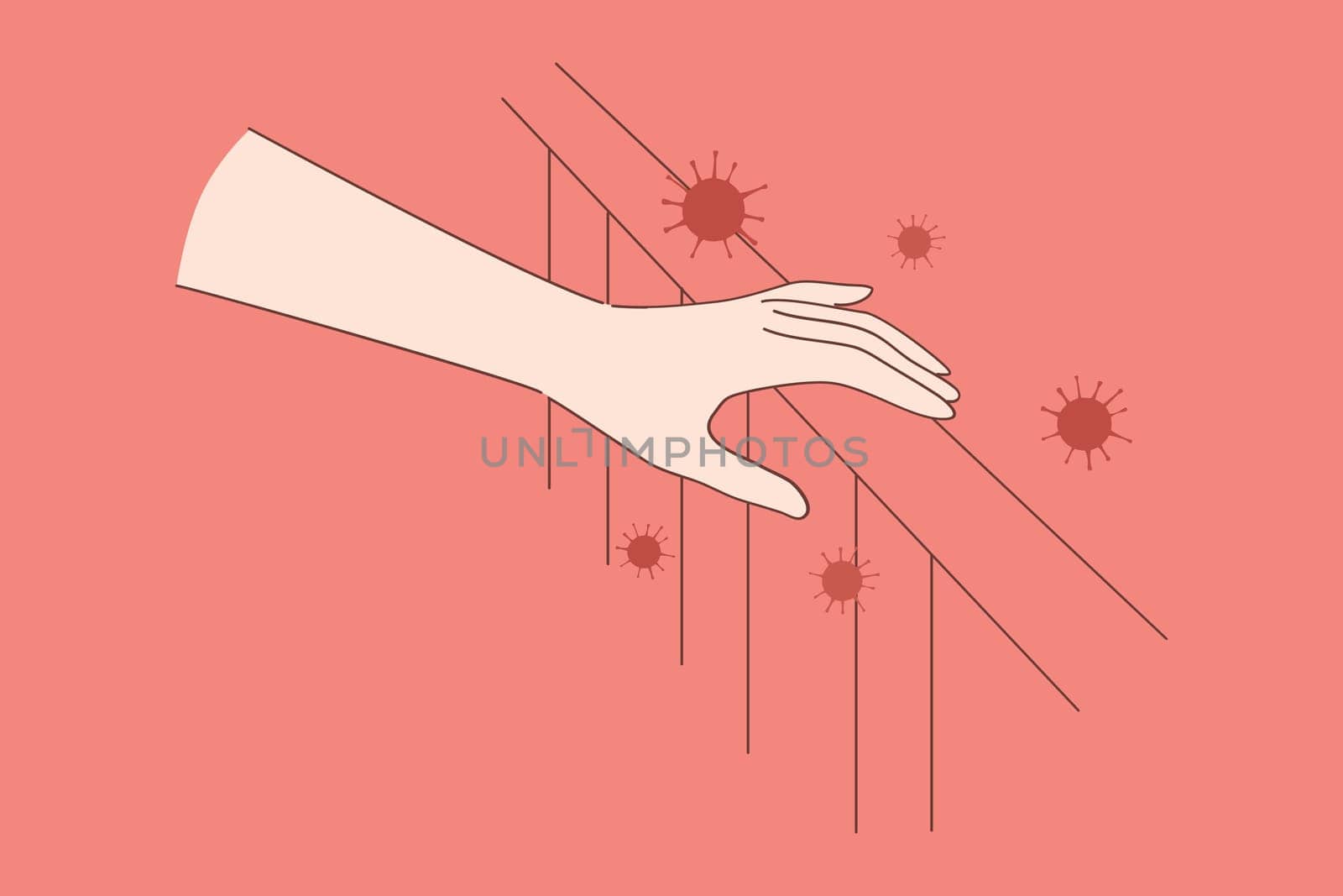 Corona virus bacterias danger concept. Human hand touching surface with COVID-19 2019-nCoV germs spreading and having direct physical contact with dangerous disease vector illustration