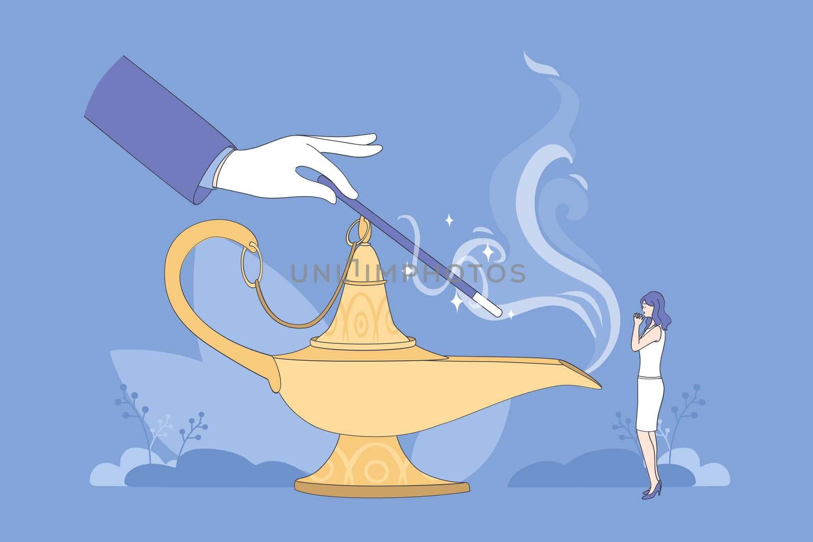 Visualisation to get desired goal. Making wish dream to come true with magic wound or jinn lamp rubbing and tine woman standing nearby and working on imagination vector illustration