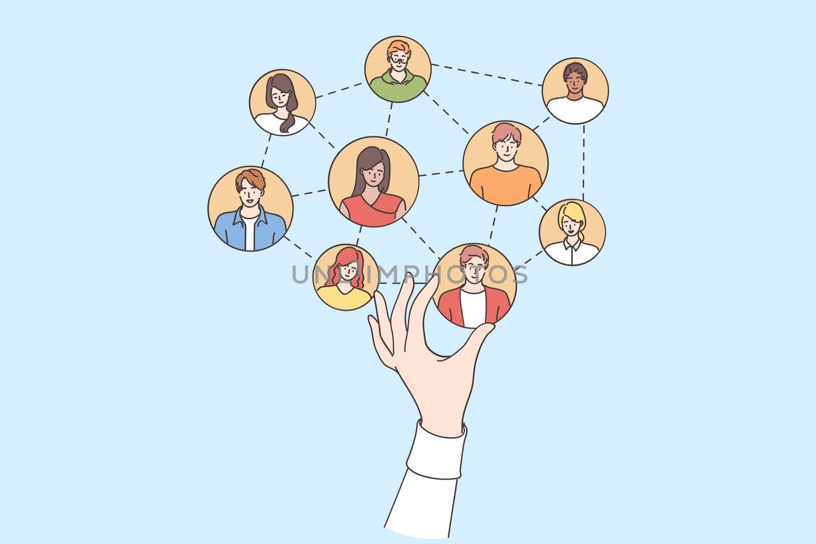 Professional recruitment and hiring concept. Human resources manager hand choosing building team members online making selection for work project team vector illustration