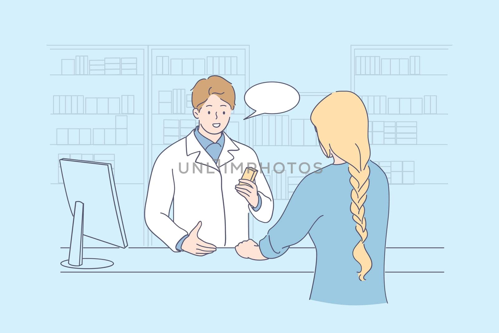Pharmacy and drugstore concept. Young smiling pharmacist doctor cartoon character consulting woman patient customer in drugstore vector illustration