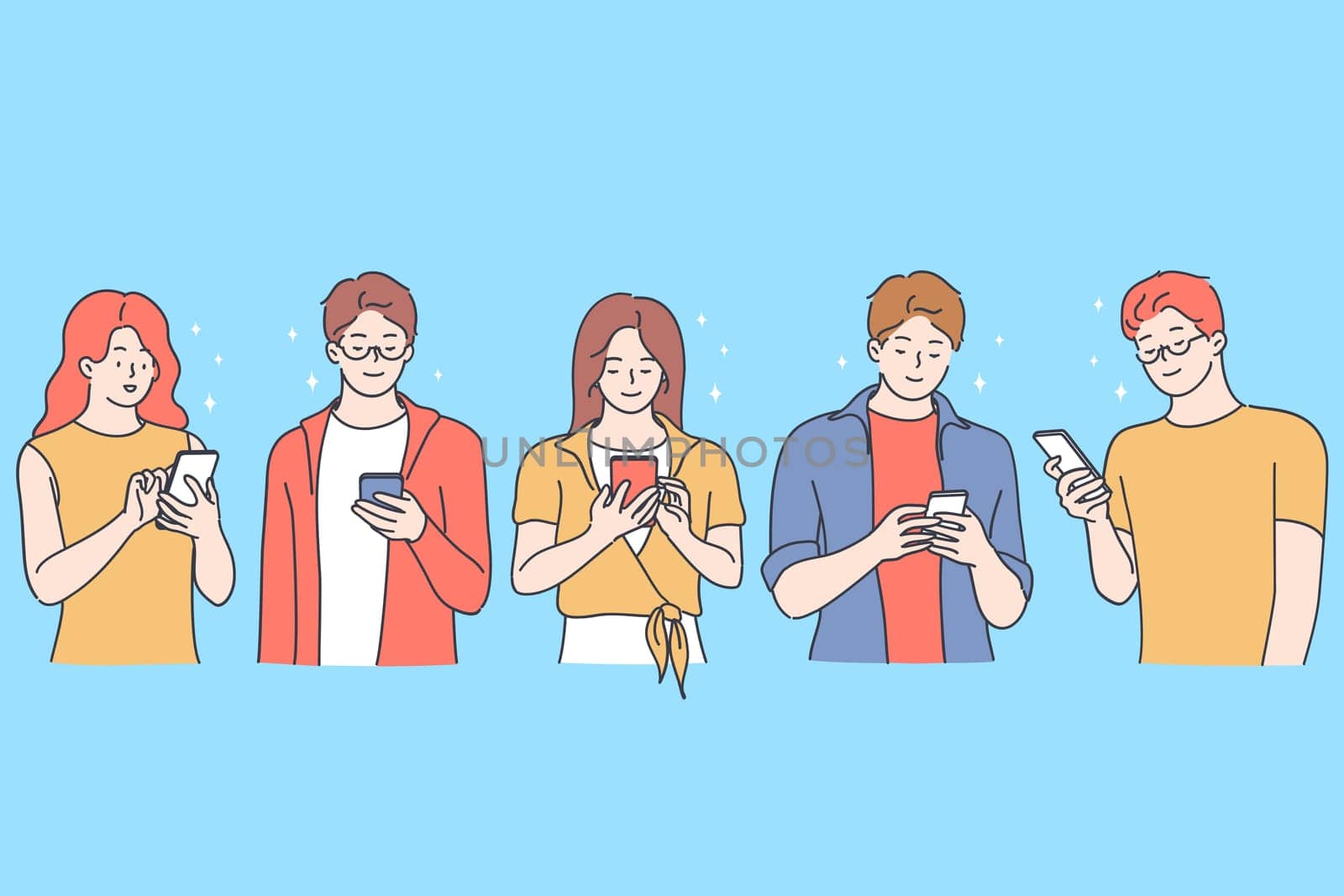 Online chatting and typing concept. Young smiling boys and girls cartoon characters chatting and communicating online on smartphones by messenger and dating online vector illustration