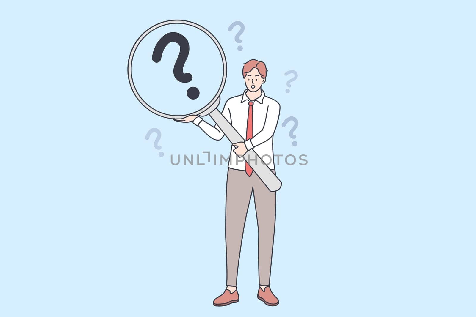 Frequently asked questions, query, investigation concept. Young businessman cartoon character holding magnifying glass and looking through searching for information vector illustration.