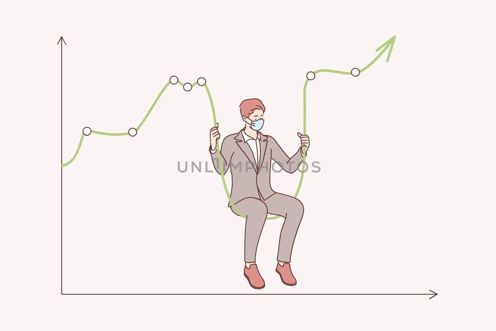 Stock market crash during coronavirus concept. Businessman wearing medical face mask sitting on market low graph as swing, high volatility asset price swing in Coronavirus outbreak crisis illustration