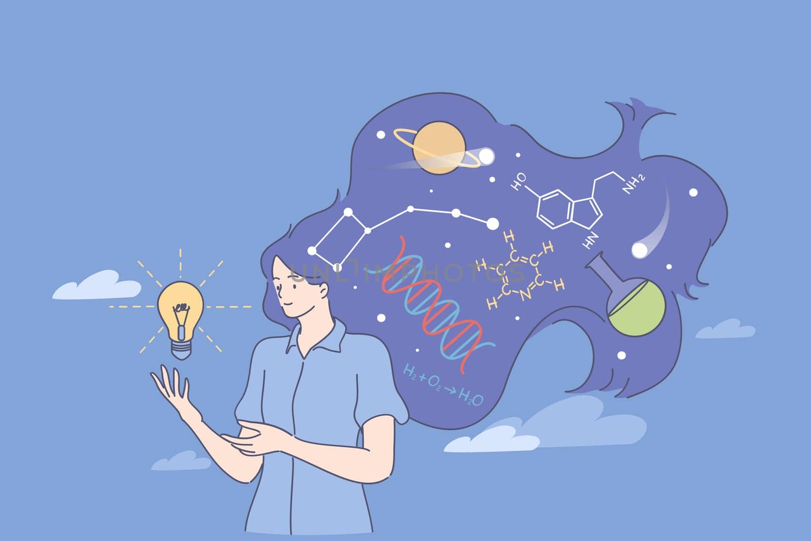 Physician or chemistry worker concept. Young woman scientist standing with light bulb and chemical symbols in hair having occupation as experimental chemistry manager or researcher illustration