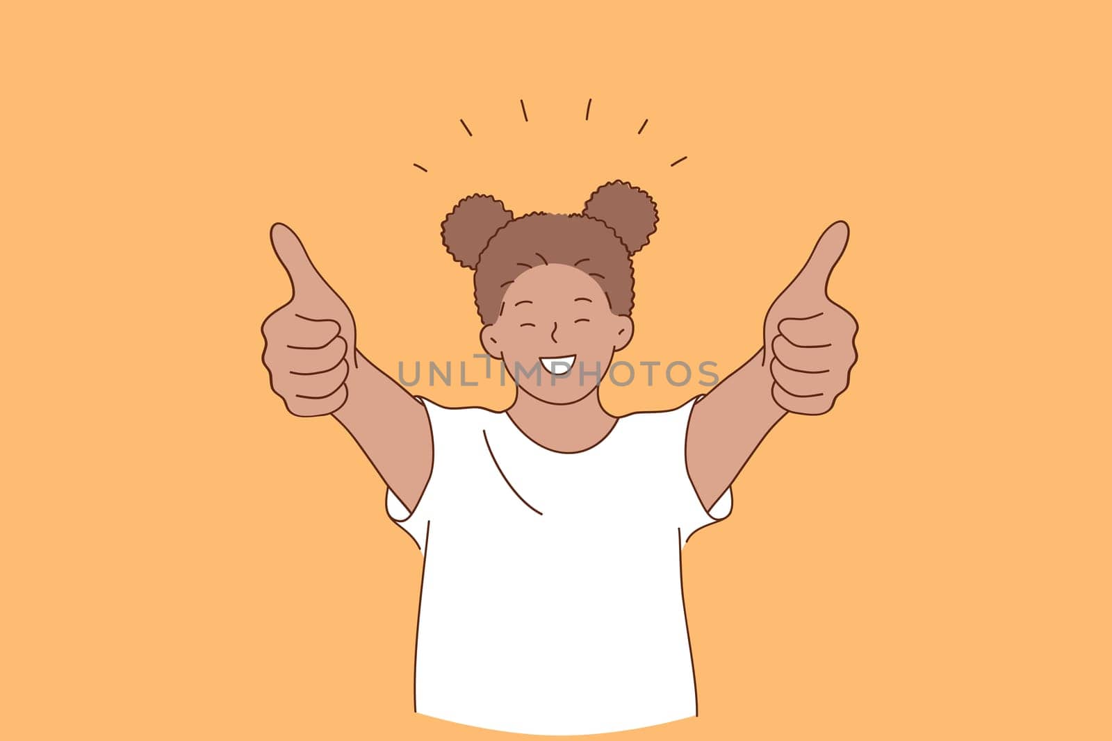 Happiness, happy childhood, positive emotion concept. Smiling cheerful girl african american standing and showing thumbs up signs with fingers over orange background vector illustration