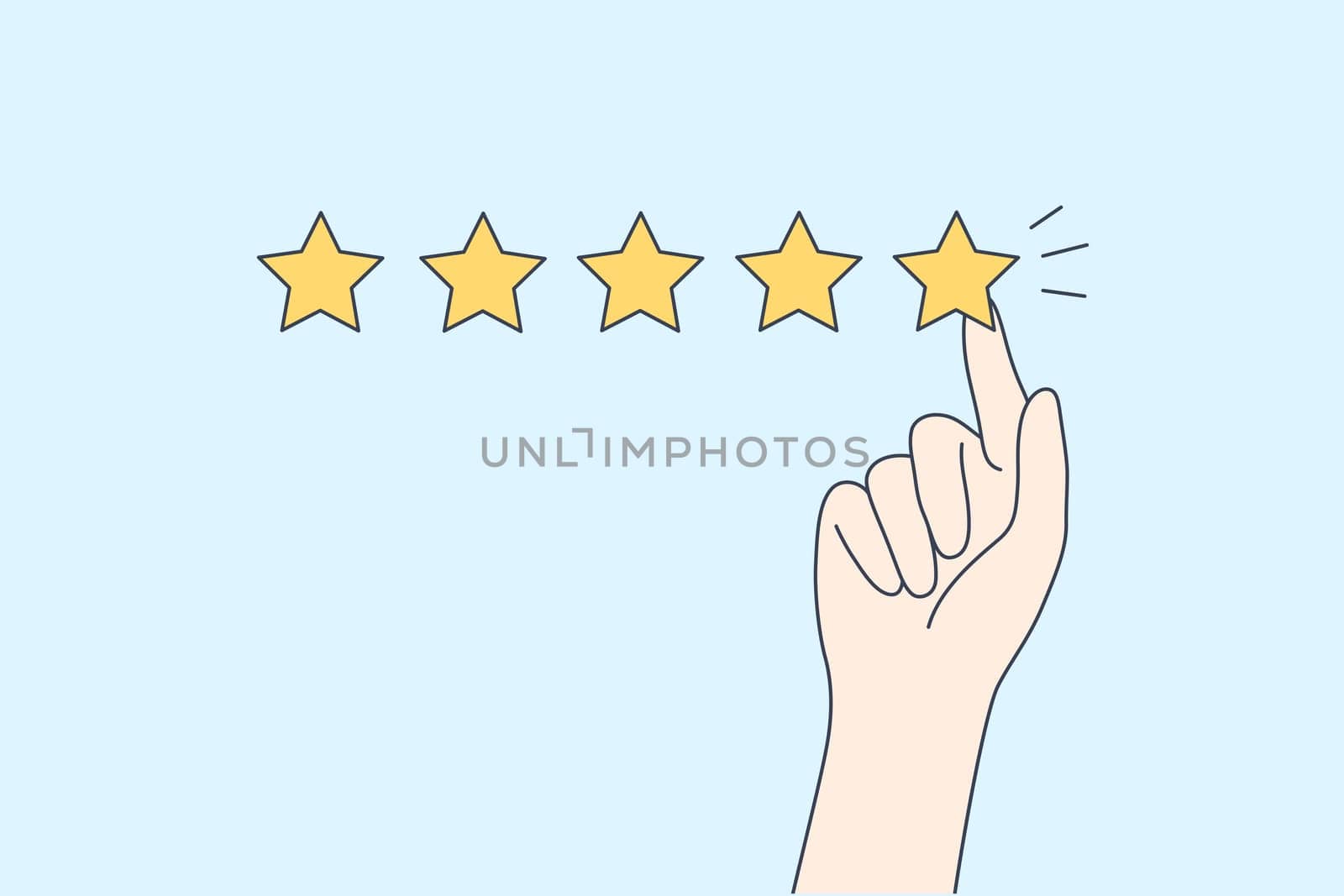 Excellent rating, perfect service and customer feedback concept. Hyman hand showing five star excellent rating with client experience on blue background vector illustration