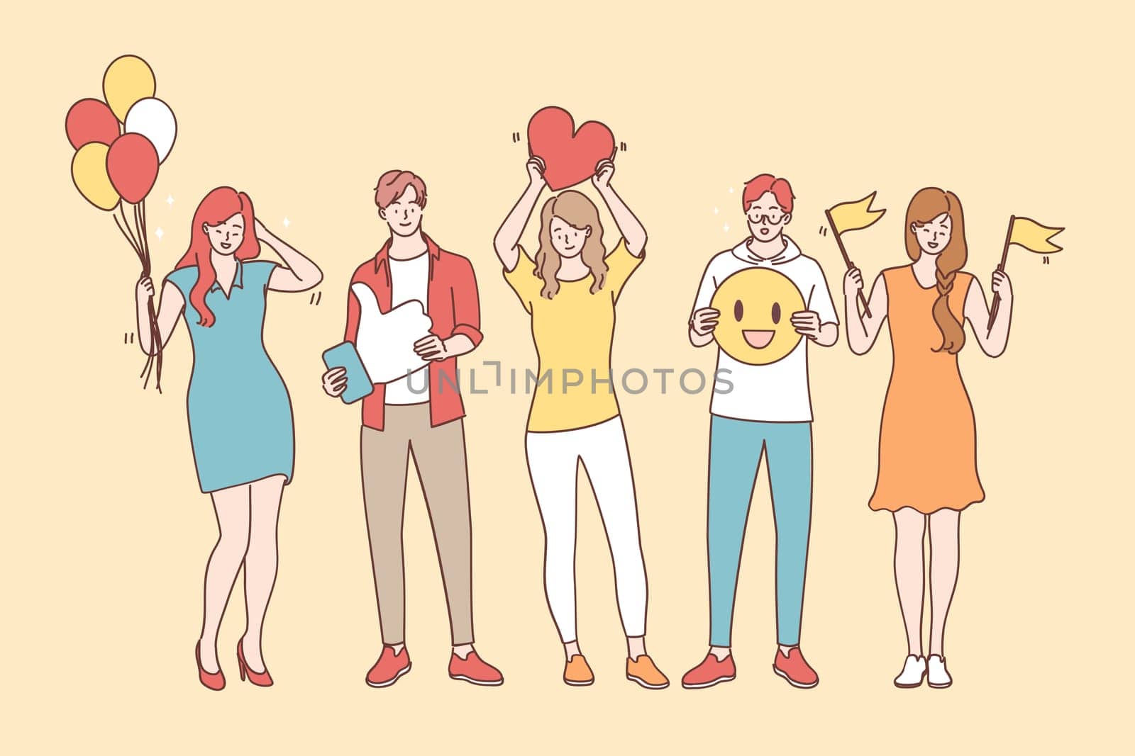 Positive thinking and emotions concept. Smiling happy young people cartoon characters standing in line communicating positive thoughts and feelings to each other vector illustration