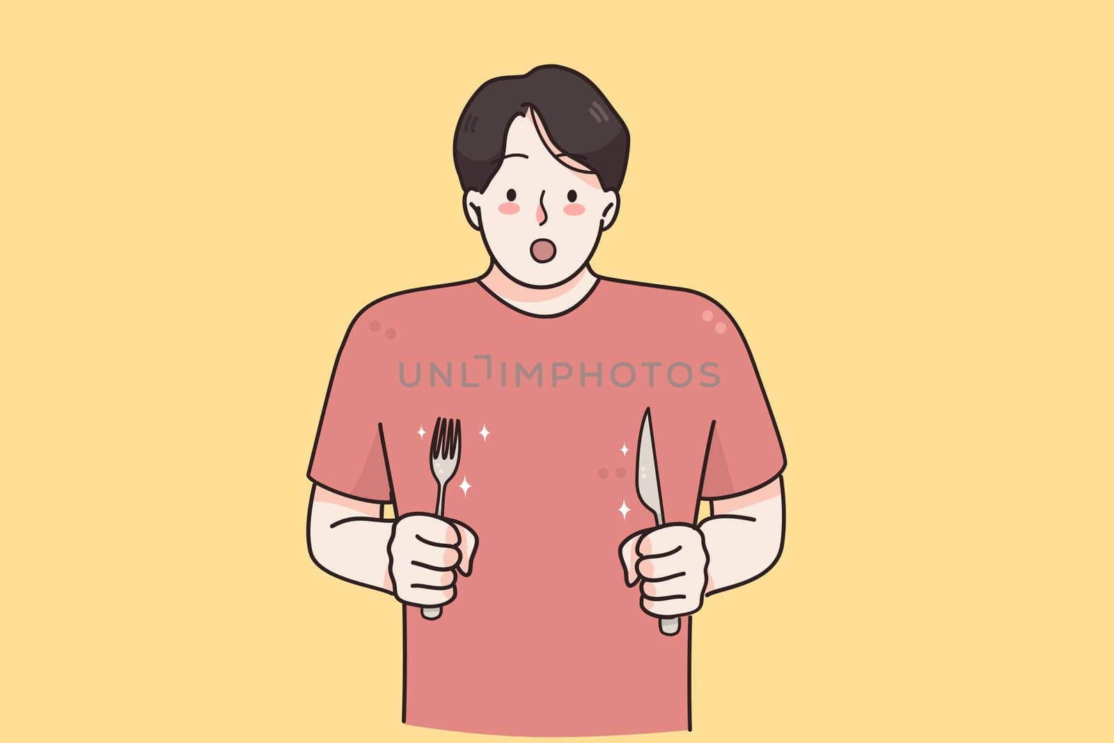 Hunger, appetite, surprise concept. Young hungry man cartoon character with knife and fork in hands standing feeling shocked with tasty meal vector illustration