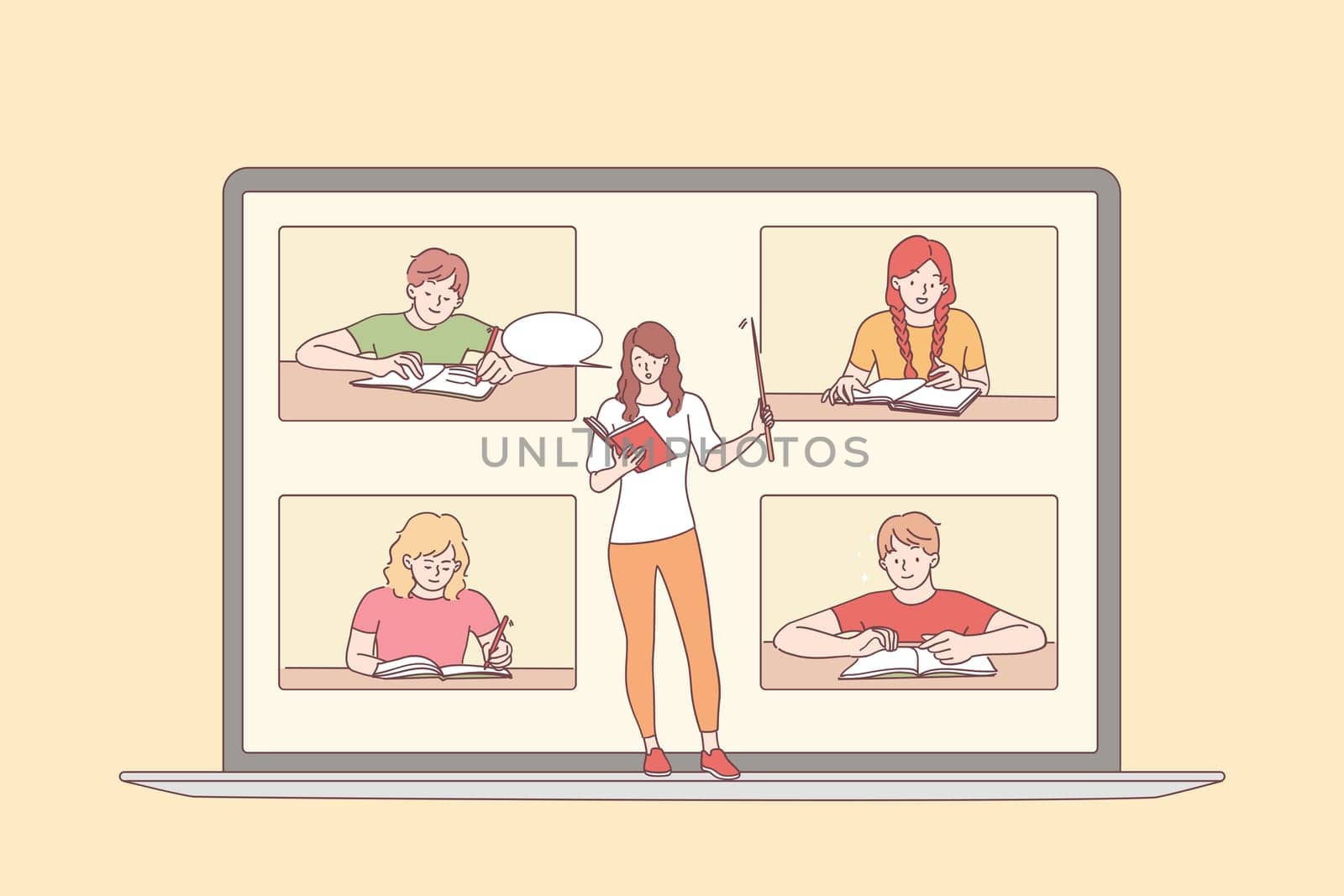 Elearning and online education concept. Laptop screen with young woman teacher and sitting and learning lesson pupils listening to lesson course online vector illustration
