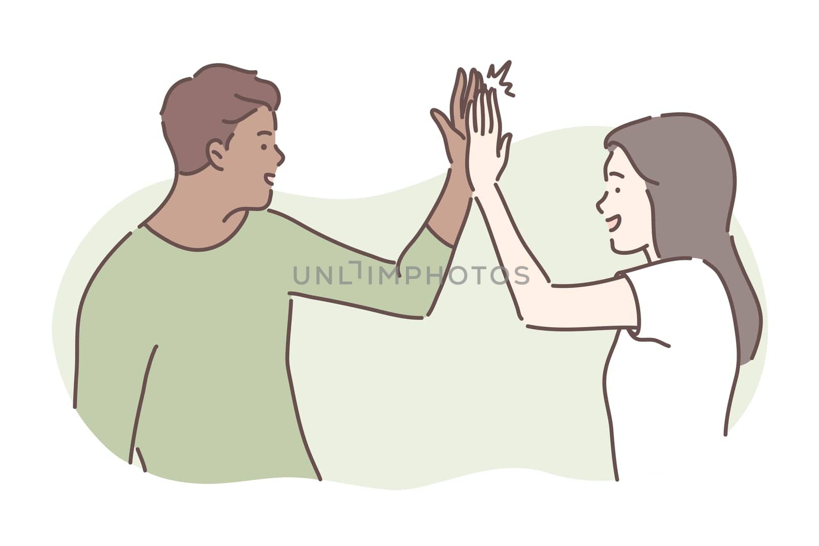 Friendship, success concept. Illustration of international friendship. Informal greeting and communication in cartoon style. Young woman or girl gives high five to man or boy friend. Simple vector