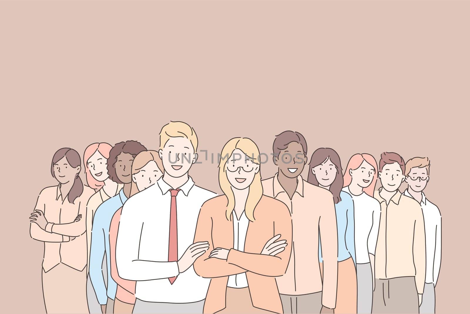 Leadership, coworking, business concept. Group of young happy businesspeople, boys, girls coworkers, businessmen woman leader standing together in office. Team collaboration, clerks and managers.