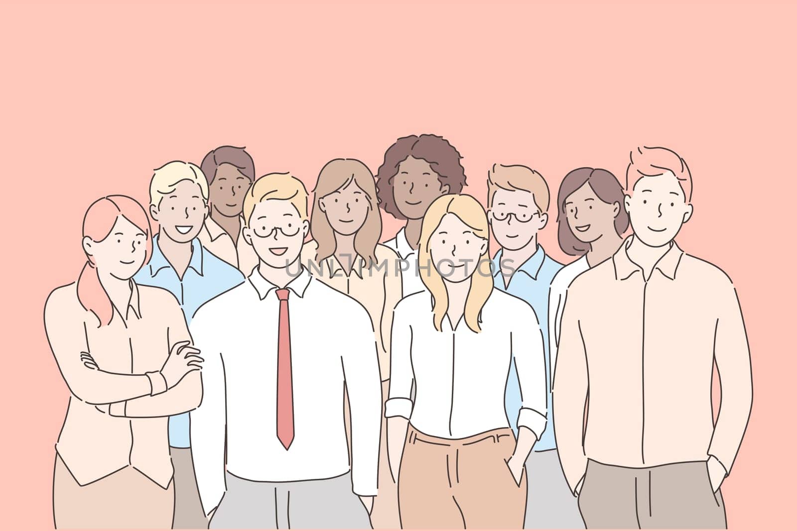 Company staff, team, business concept. Team of young company staff boys, girls standing together in office. Partnership or collaboration of happy businessmen and women, leadership. Simple flat vector