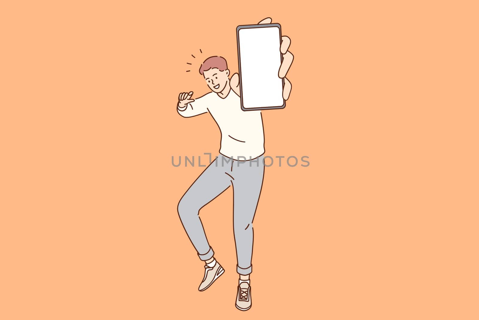 Blank space, smartphone technology concept. Young smiling man cartoon character standing holding mobile phone with blank white screen in hands over orange background vector illustration