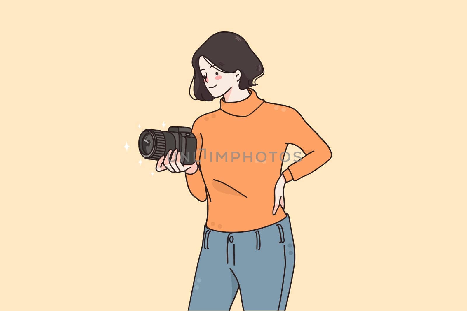 Professional photographer and equipment concept. Young smiling woman photographer cartoon character in casual clothing standing with camera making shot vector illustration