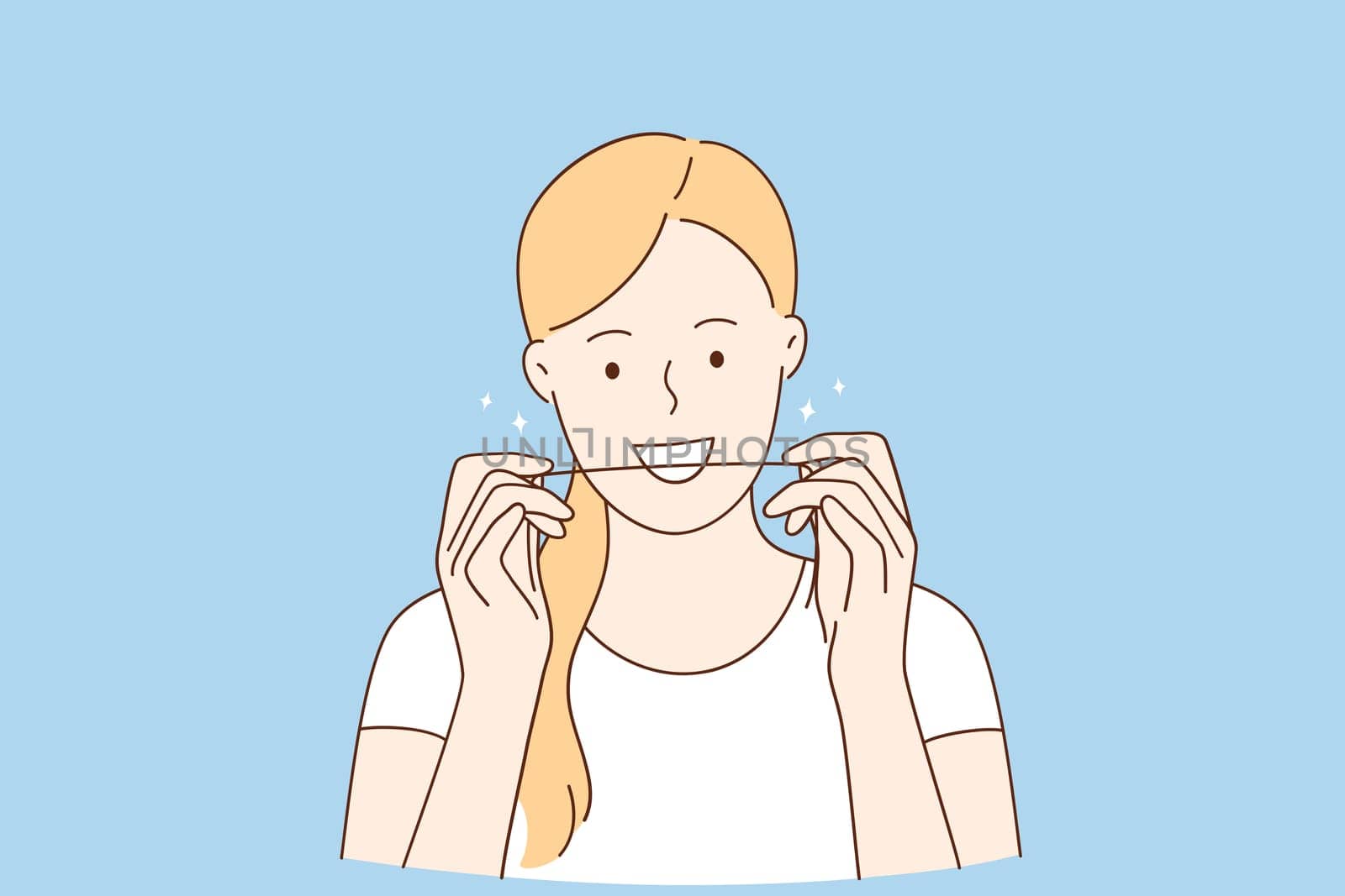 Dental hygiene and teeth flossing concept. Smiling young woman standing using tooth floss cleaning perfect white teeth vector illustration