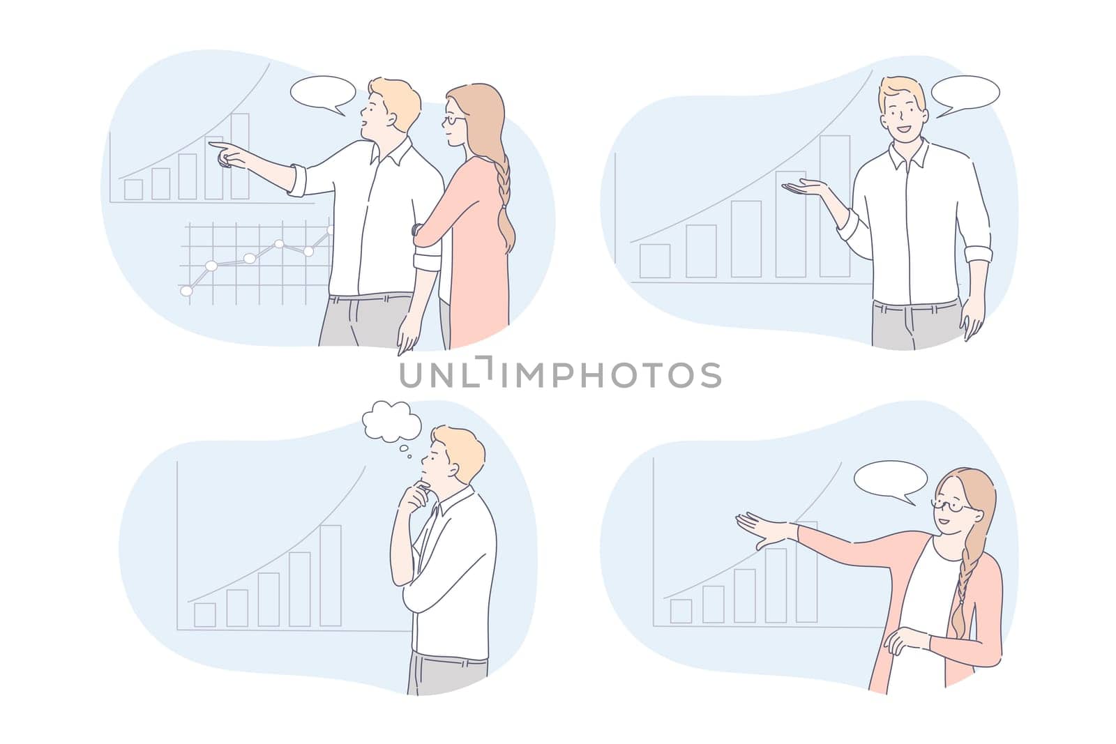 Set of business people concept. Illustrations of business people showing report, presentation or project at office to investors. Collection businessmen and women demonstrating company profit growth