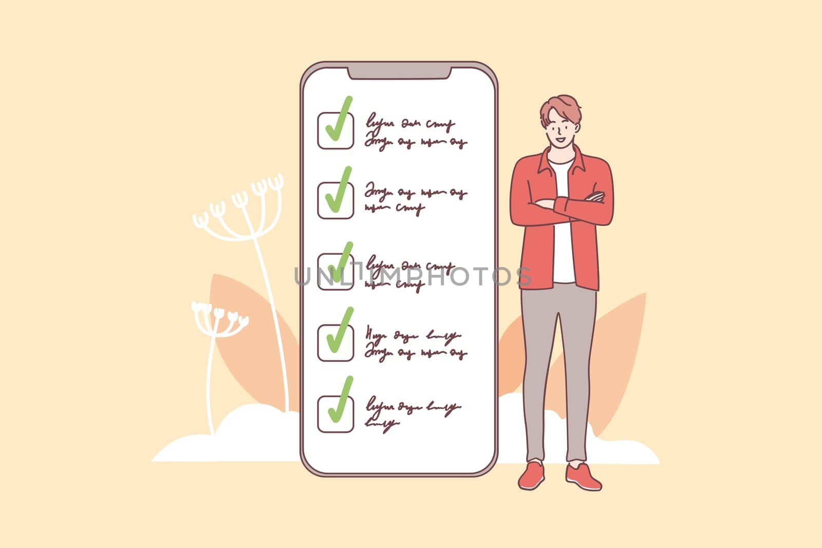 Successful task completion and time management concept. Young smiling man cartoon character standing near smartphone screen interface with completed tasks and duties vector illustration