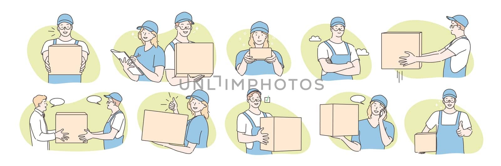 Set of postmen, delivery concept. Collecton of illustrations of postmen boys and girls delivering parcel or order to addressee. Fast or express post. Package delivery in cartoon style. Simple vector