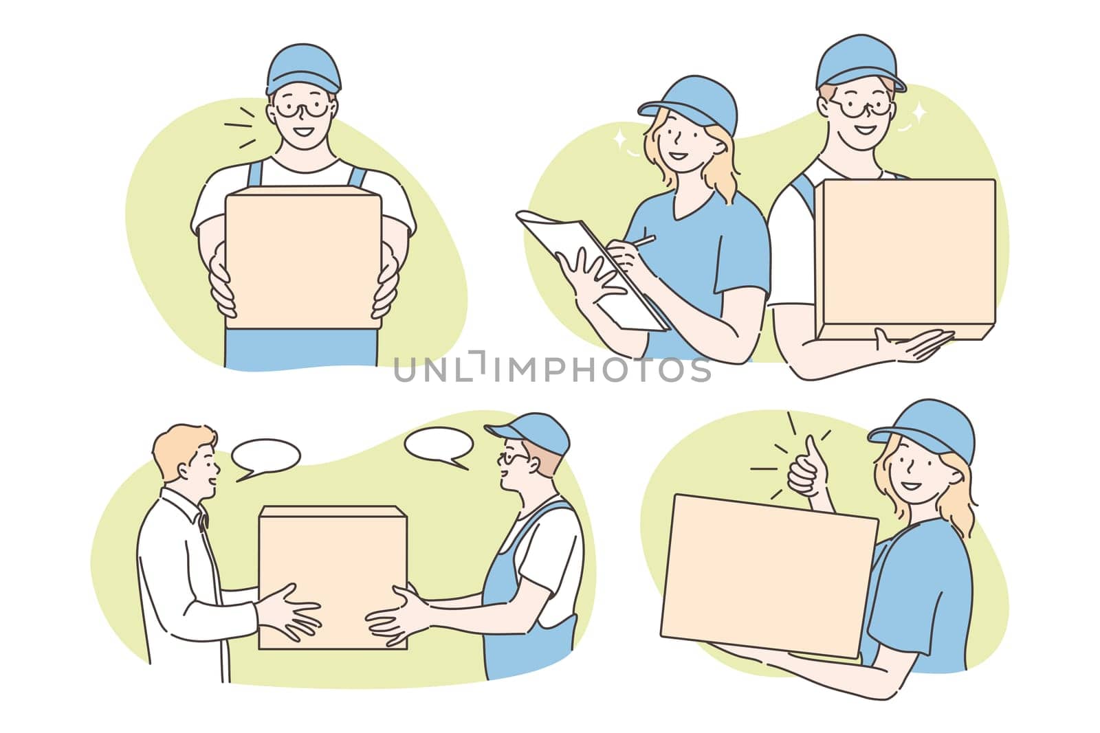 Parcel delivery set concept. Men and women, boys and girls post office workers making fast or express package delivery, courier service. Professional deliverer in global fast service in cartoon style.