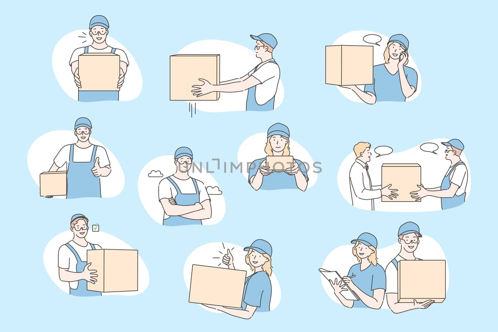 Post office workers, deliverer set concept. Collecton of illustrations of young post office workers men and women delivering parcel or order in carton box with express delivery. Simple flat vector